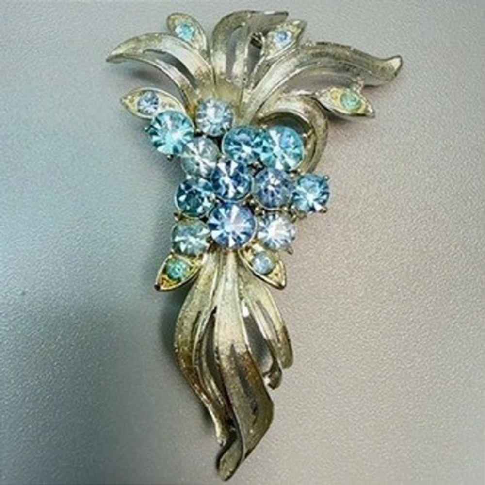 Vintage Coro Silver Tone Blue Rhinestone Brooch Floral Spray 3" Large MCM Bridal